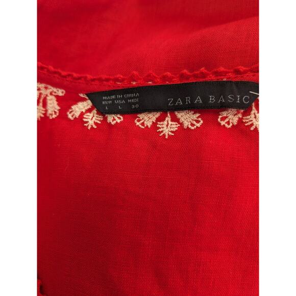 New Zara Basic Size Large Embroidered Shift Dress Red White Linen Short Sleeves - Picture 5 of 16